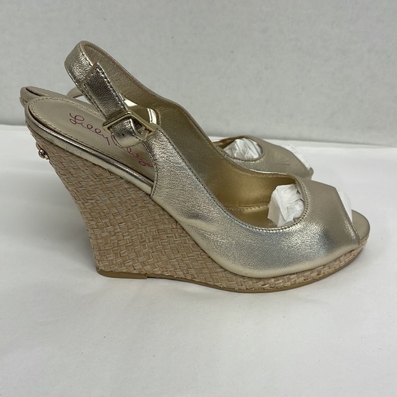 Lilly Pulitzer Shoes Lilly Pulitzer Womens Kristin Gold Wedge Sandals 75 Peep Toe Sling Back